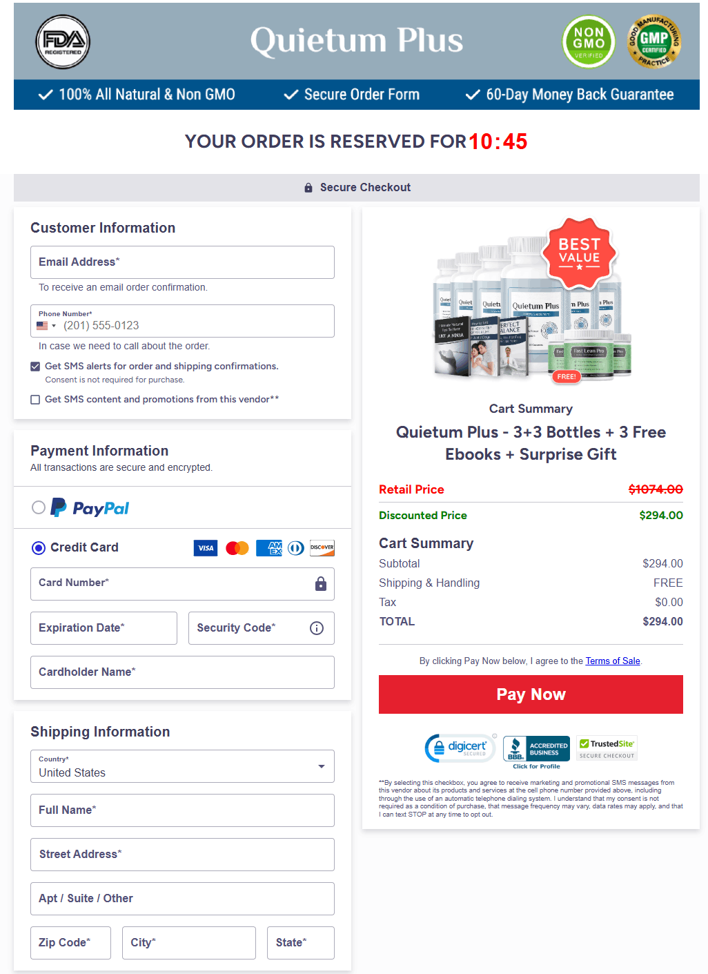 Secure checkout page for Quietum Plus with multiple payment options